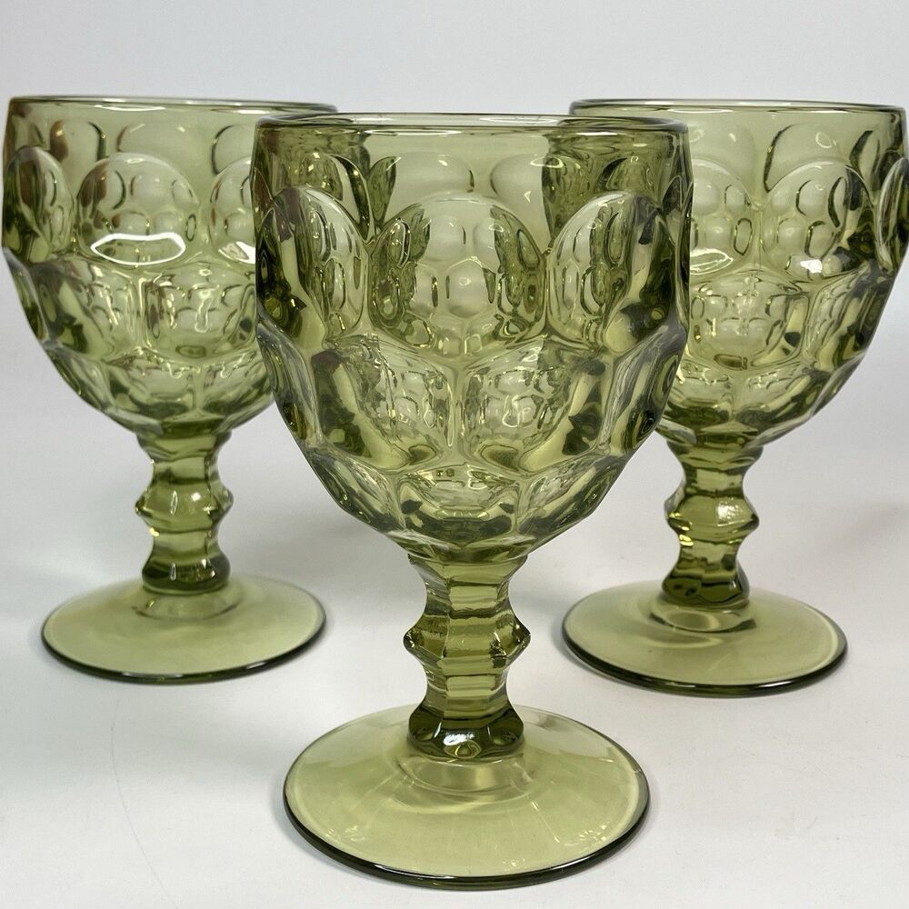 Vtg Set 3 Imperial Glass Provincial Avocado Verde Green Thumbprint Water Goblets